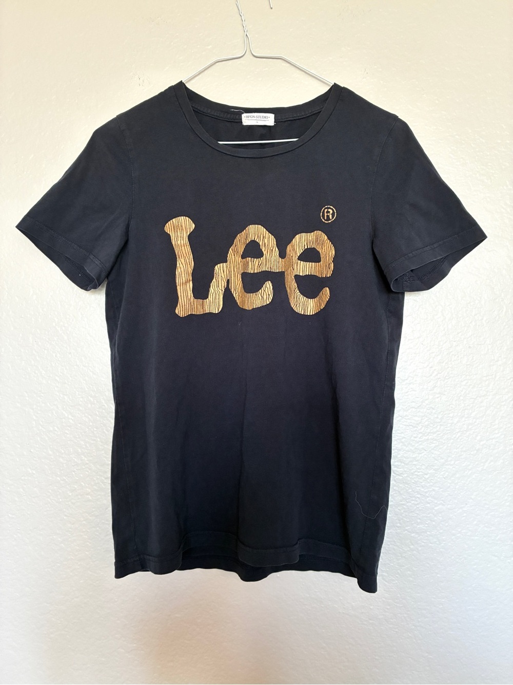 HFGN Studio Lee Women’s S Black Tee with Yellow Logo Casual Lounge Woodgrain